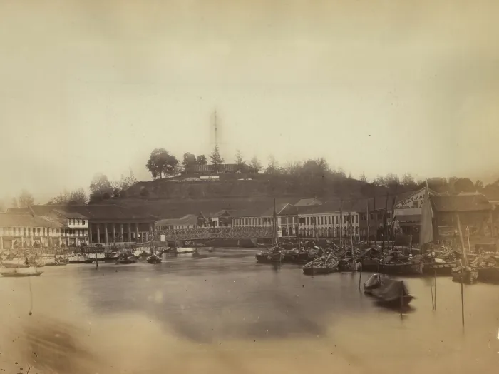 Framed Print : A view of Fort Canning from the Singapore River, between 1860 and 1900. Creator: Unknown