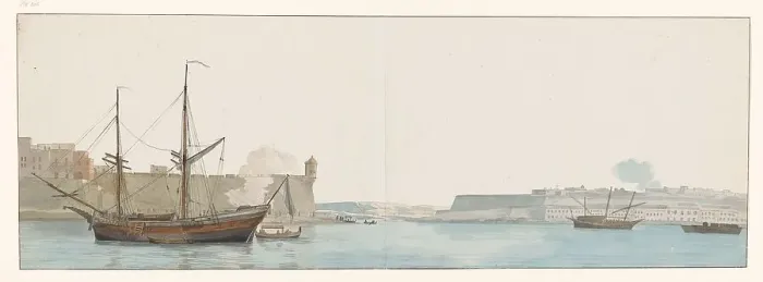Framed Print : View of Fort St. Angelo with galley ships in the harbour, Malta, 1778. Creator: Louis Ducros Framed Print : View of Fort St. Angelo with galley ships in the harbour, Malta, 1778. Creator: Louis Ducros