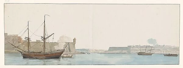 View of Fort St. Angelo with galley ships in the harbour, Malta, 1778. Creator: Louis Ducros