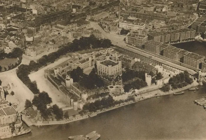 Framed Print : A View of His Fortress Unimagined By William The Conqueror: The Tower from the Air, c1935 Framed Print : A View of His Fortress Unimagined By William The Conqueror: The Tower from the Air, c1935