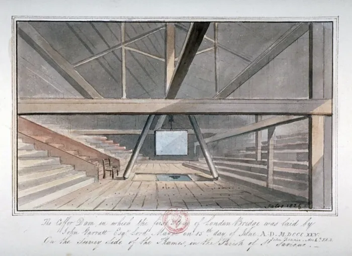 Framed Print : View of the foundation of London Bridge, 1825. Artist: G Yates Framed Print : View of the foundation of London Bridge, 1825. Artist: G Yates