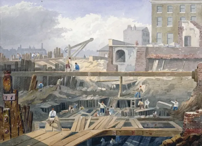 Framed Print : View of the foundations being dug for the first arch of London Bridge, 1825 Framed Print : View of the foundations being dug for the first arch of London Bridge, 1825