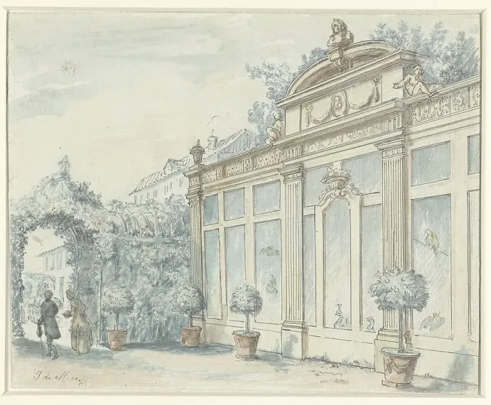 Framed Print : View in a French garden with gentleman and lady, 1700-1800. Creator: J de Marsy Framed Print : View in a French garden with gentleman and lady, 1700-1800. Creator: J de Marsy