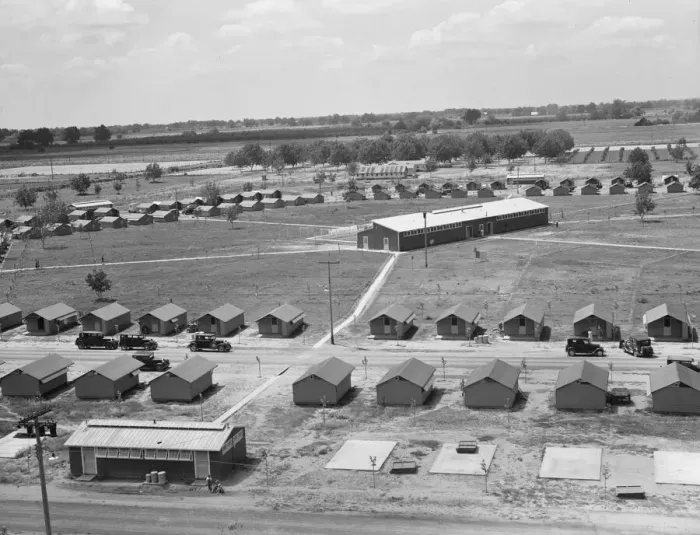 Framed Print : View of FSA camp Farmersville seen from water tower, Tulare County, California, 1939. Creator: Dorothea Lange Framed Print : View of FSA camp Farmersville seen from water tower, Tulare County, California, 1939. Creator: Dorothea Lange