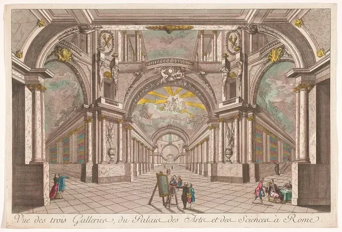 Framed Print : View of the three galleries of the Palace of Art and Science in Rome, 1700-1799. Creator: Anon Framed Print : View of the three galleries of the Palace of Art and Science in Rome, 1700-1799. Creator: Anon