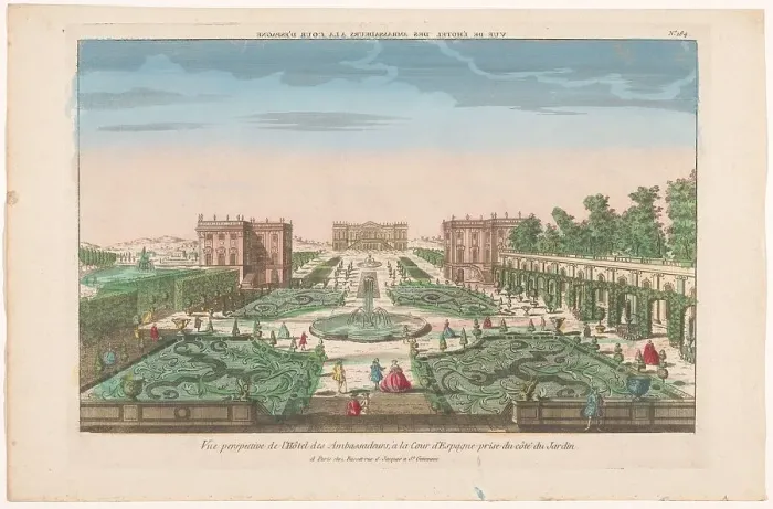 Framed Print : View of the garden and the Hotel des Ambassadors in Spain, 1700-1799. Creator: Anon Framed Print : View of the garden and the Hotel des Ambassadors in Spain, 1700-1799. Creator: Anon