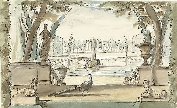View of a garden with a pond, a fountain and a peacock, 1677-1755. Creator: Elias van Nijmegen