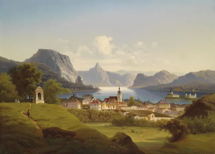 Framed Print : View of Gmunden with Schloss Ort in the Background, 1870. Artist: Jankowski, Johann Wilhelm (1825-1870) Framed Print : View of Gmunden with Schloss Ort in the Background, 1870. Artist: Jankowski, Johann Wilhelm (1825-1870)
