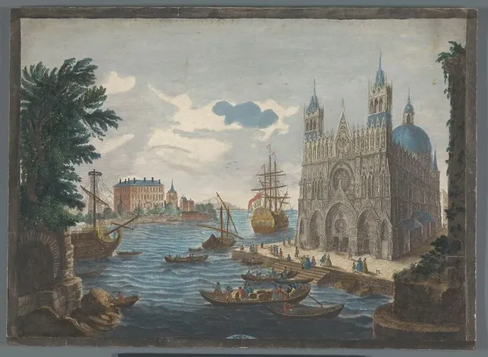 Framed Print : View of a Gothic Cathedral on the Water, 1760. Creator: Jean Moyreau Framed Print : View of a Gothic Cathedral on the Water, 1760. Creator: Jean Moyreau