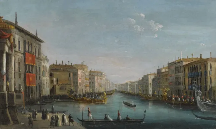 Framed Print : View of the Grand Canal from the Palazzo Balbi looking toward the Rialto Bridge with a Regatta Framed Print : View of the Grand Canal from the Palazzo Balbi looking toward the Rialto Bridge with a Regatta