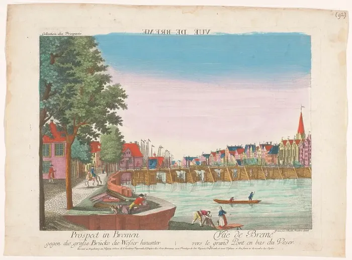Framed Print : View of the Great Bridge over the River Weser in Bremen, 1755-1779. Creator: Johann Friedrich Leizelt Framed Print : View of the Great Bridge over the River Weser in Bremen, 1755-1779. Creator: Johann Friedrich Leizelt