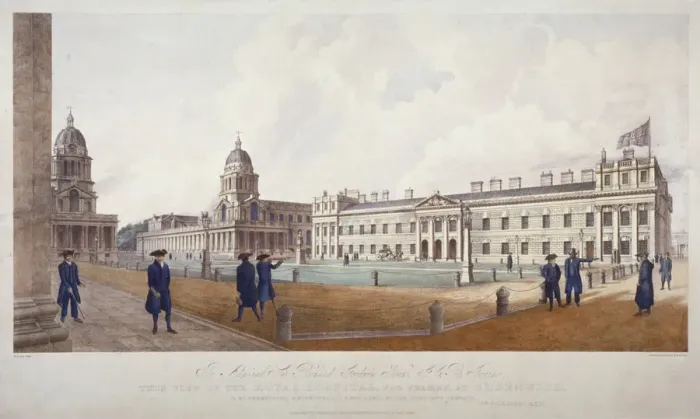 Framed Print : View of Greenwich Hospital with residents in the foreground, London, 1830 Framed Print : View of Greenwich Hospital with residents in the foreground, London, 1830
