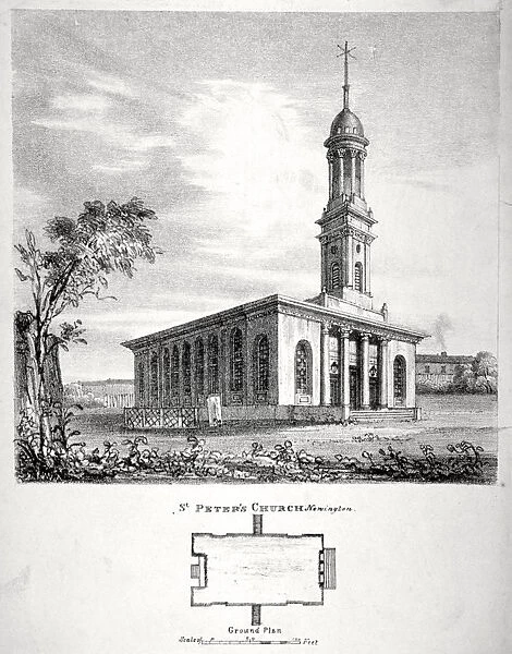 View and ground plan of the Church of St Peter Newington, Southwark, London, 1824