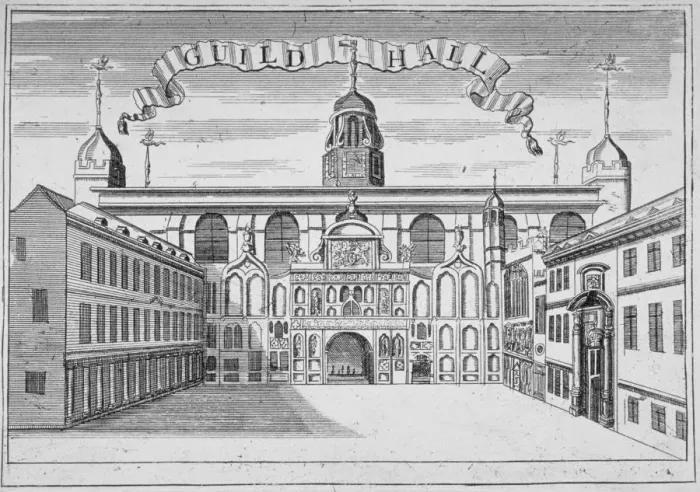 Framed Print : Front view of the Guildhall, looking north across Guildhall Yard, City of London, 1700 Framed Print : Front view of the Guildhall, looking north across Guildhall Yard, City of London, 1700