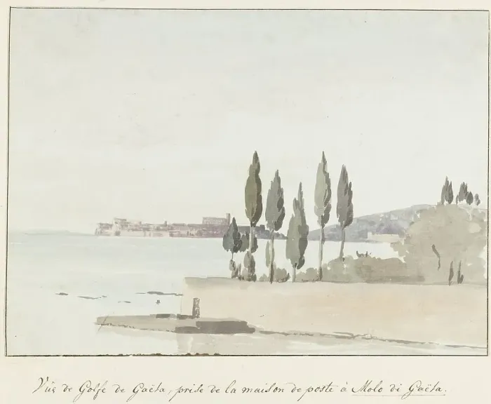 Framed Print : View of the Gulf of Gaeta opposite the posthouse at Gaeta pier, 1778. Creator: Louis Ducros Framed Print : View of the Gulf of Gaeta opposite the posthouse at Gaeta pier, 1778. Creator: Louis Ducros