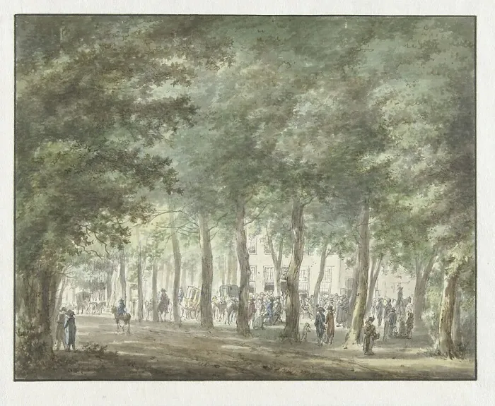 Framed Print : View of the Haarlemmerhout, with a crowd of people in front of the Heerenlogement, 1773-1815. Creator: Hermanus van Brussel Framed Print : View of the Haarlemmerhout, with a crowd of people in front of the Heerenlogement, 1773-1815. Creator: Hermanus van Brussel