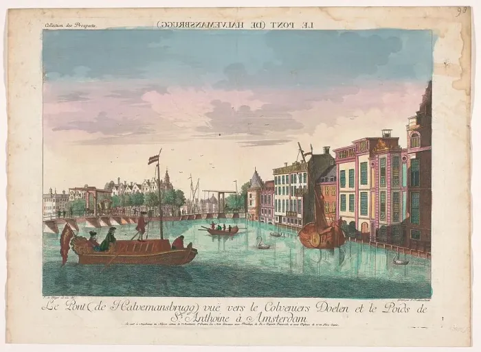 Framed Print : View of the Halvemaansbrug over the Amstel in Amsterdam, 1755-1779. Creator: Johann Friedrich Leizelt Framed Print : View of the Halvemaansbrug over the Amstel in Amsterdam, 1755-1779. Creator: Johann Friedrich Leizelt