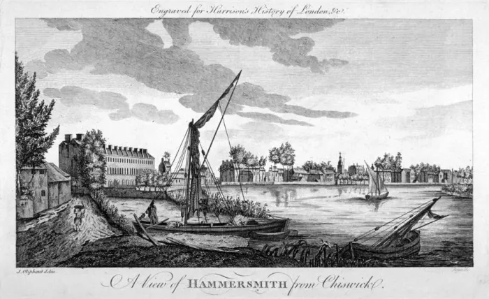 Framed Print : View of Hammersmith from Chiswick, London, c1770. Artist: John Royce Framed Print : View of Hammersmith from Chiswick, London, c1770. Artist: John Royce