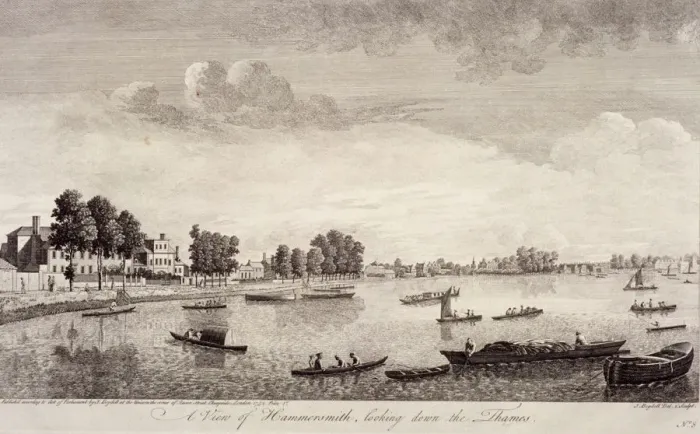Framed Print : View of Hammersmith with water craft on the River Thames, Hammersmith, 1752. Artist Framed Print : View of Hammersmith with water craft on the River Thames, Hammersmith, 1752. Artist