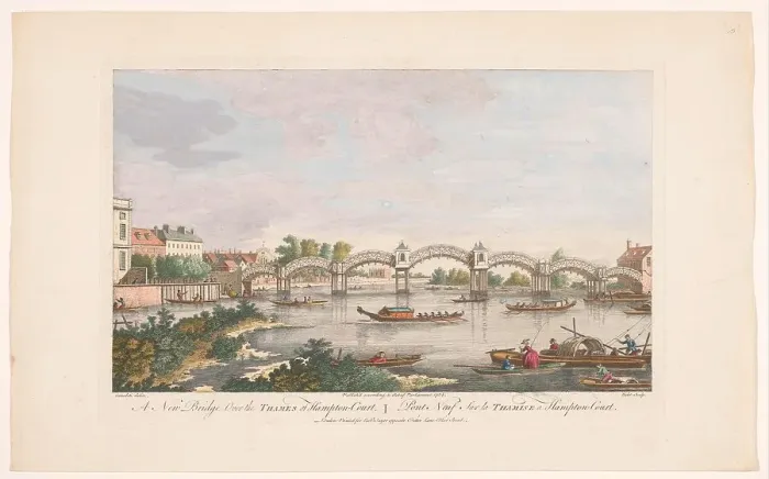 Framed Print : View of the Hampton Court Bridge over the River Thames between Hampton and East Molesey, 1754. Creator: James Hulett Framed Print : View of the Hampton Court Bridge over the River Thames between Hampton and East Molesey, 1754. Creator: James Hulett