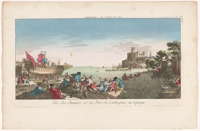 Framed Print : View of a harbor with a shipyard in Cartagena, Spain, 1700-1799. Creator: Anon Framed Print : View of a harbor with a shipyard in Cartagena, Spain, 1700-1799. Creator: Anon