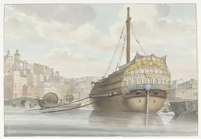 Framed Print : View of harbour with galleon near the wharf, 1778. Creator: Louis Ducros Framed Print : View of harbour with galleon near the wharf, 1778. Creator: Louis Ducros