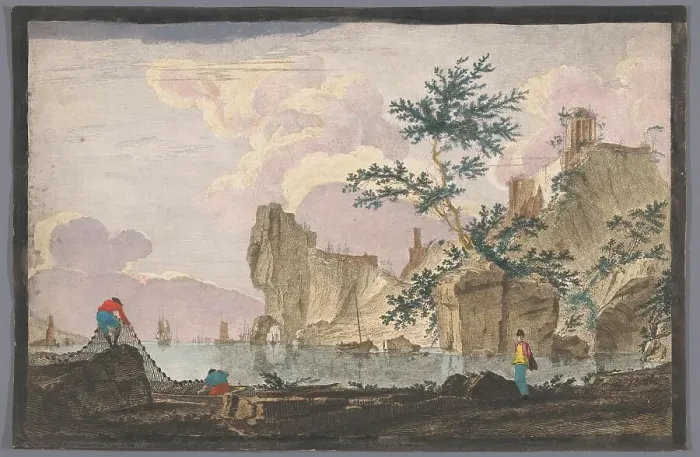 Framed Print : View of a harbour with rocks, 1700-1799. Creator: Anon Framed Print : View of a harbour with rocks, 1700-1799. Creator: Anon