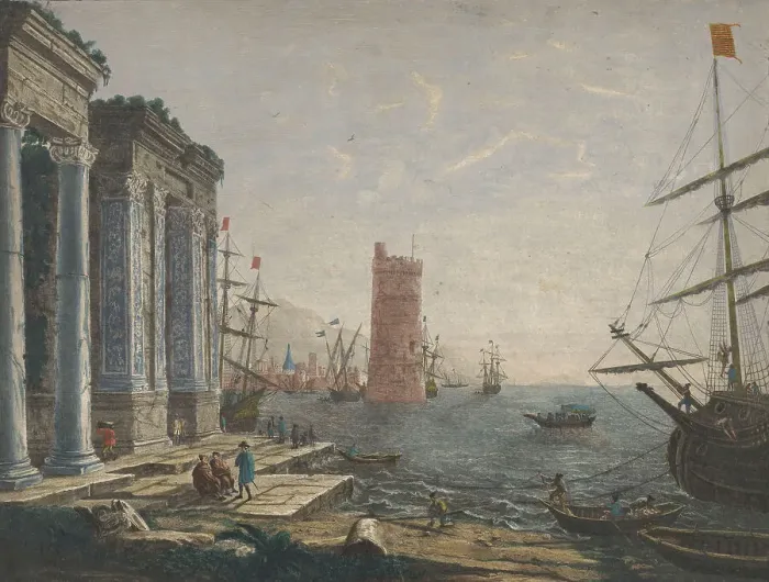 Framed Print : View of a harbour with ships and boats on the water, 1752. Creator: Thomas Major Framed Print : View of a harbour with ships and boats on the water, 1752. Creator: Thomas Major