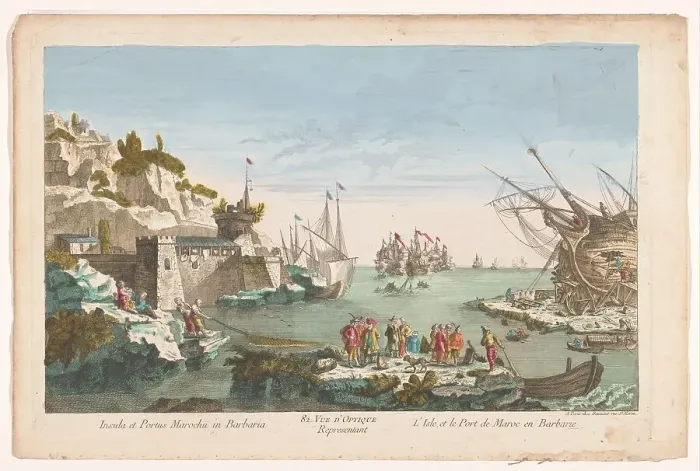 Framed Print : View of a harbour with a shipyard in Morocco, 1745-1775. Creator: Anon Framed Print : View of a harbour with a shipyard in Morocco, 1745-1775. Creator: Anon