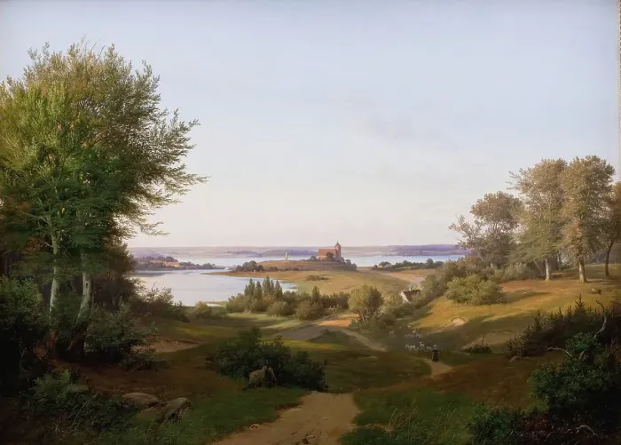 Framed Print : View of the Hill at Skanderborg Castle, Jutland, and the Memorial to Frederik VI, 1845. Creator: Andreas Juuel Framed Print : View of the Hill at Skanderborg Castle, Jutland, and the Memorial to Frederik VI, 1845. Creator: Andreas Juuel