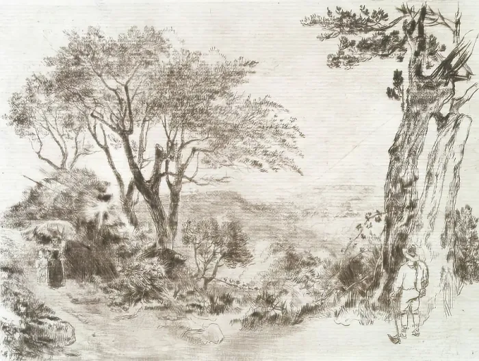 Framed Print : View on a Hill, with Trees and Figures, c1820s. Creator: Andrew Geddes Framed Print : View on a Hill, with Trees and Figures, c1820s. Creator: Andrew Geddes