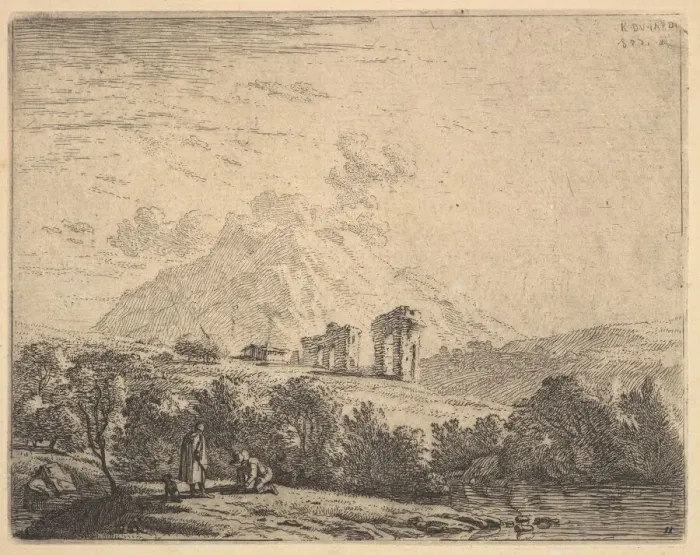 Framed Print : View of hillside with ruins (an aqueduct?) and mountain crag beyond Framed Print : View of hillside with ruins (an aqueduct?) and mountain crag beyond
