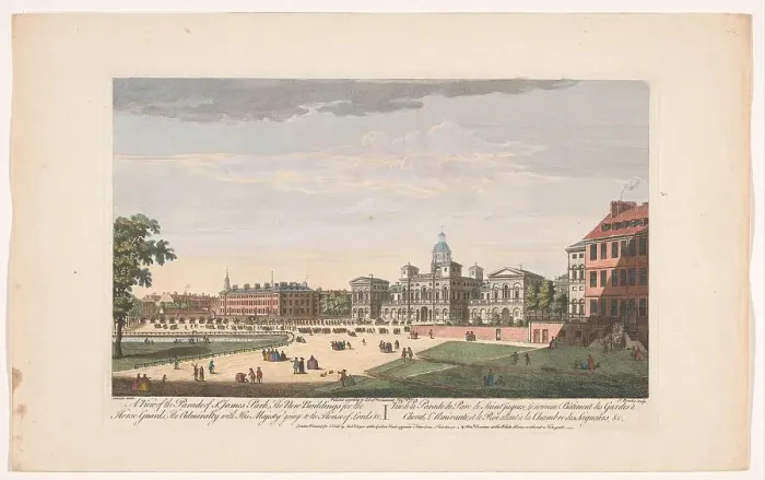 Framed Print : View of the Horse Guards Parade in London showing the departure of George II Augustus, King.... 1753 Creator: Thomas Bowles Framed Print : View of the Horse Guards Parade in London showing the departure of George II Augustus, King.... 1753 Creator: Thomas Bowles