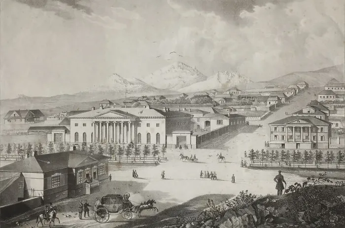 Framed Print : View of the hotel and the center of Pyatigorsk, Mid of the 19th century. Artist: Beggrov, Karl Petrovich (1799-1875) Framed Print : View of the hotel and the center of Pyatigorsk, Mid of the 19th century. Artist: Beggrov, Karl Petrovich (1799-1875)