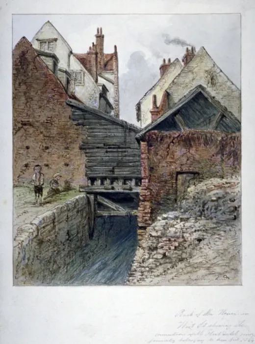 Framed Print : View of the back of a house in Chick Lane, showing Fleet Ditch, City of London, 1844 Framed Print : View of the back of a house in Chick Lane, showing Fleet Ditch, City of London, 1844