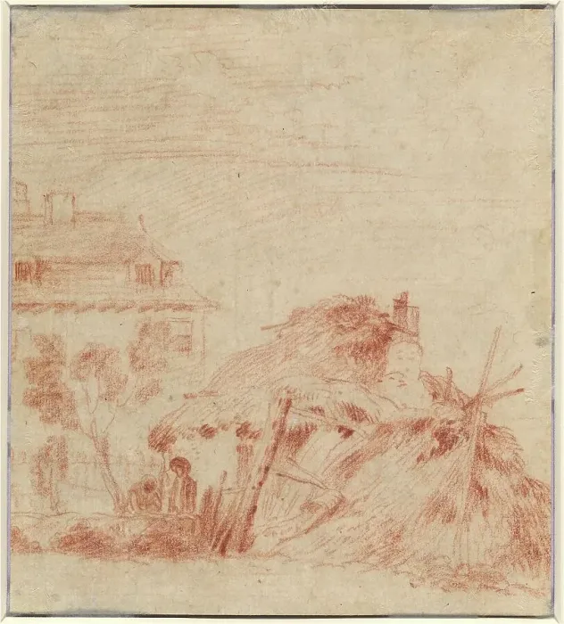 Framed Print : View of a House, a Cottage, and Two Figures [verso], 1718 / 1719. Creator: Jean-Antoine Watteau