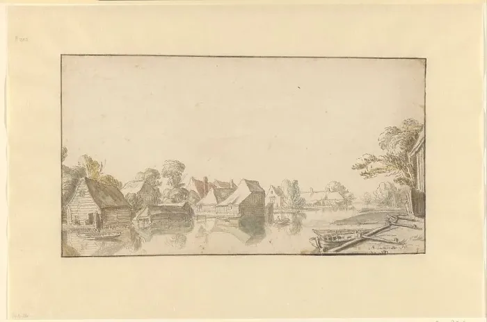 Framed Print : View of houses on a river, 1640-1660. Creator: Abraham de Latombe Framed Print : View of houses on a river, 1640-1660. Creator: Abraham de Latombe