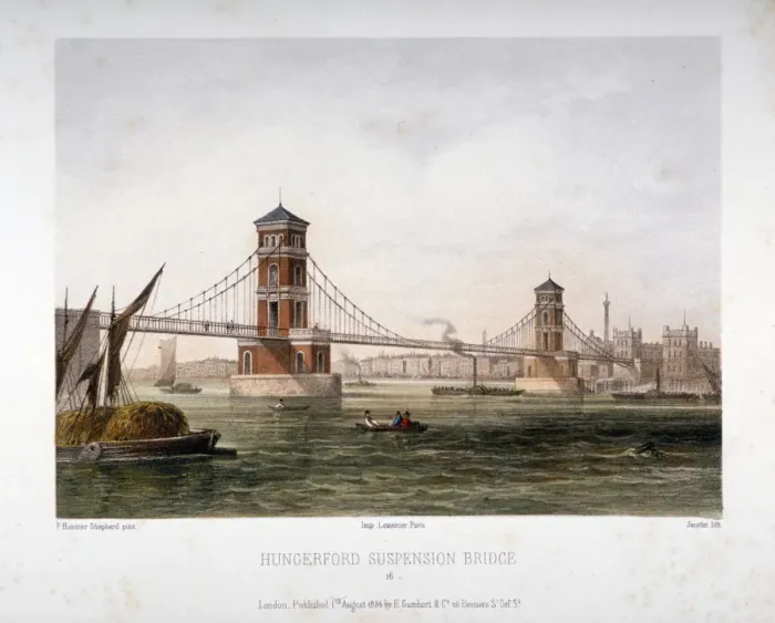 Framed Print : View of Hungerford Bridge from the east, London, 1854 Framed Print : View of Hungerford Bridge from the east, London, 1854