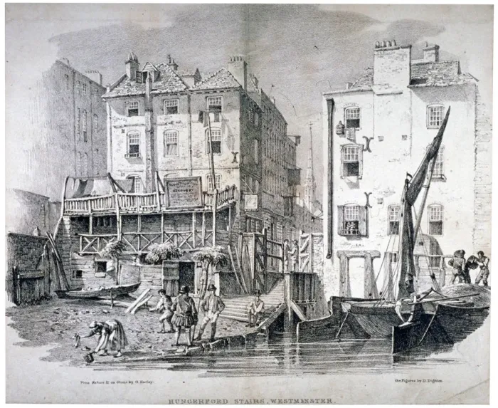 Framed Print : View of Hungerford Stairs, near the market, Westminster, London, 1822 Framed Print : View of Hungerford Stairs, near the market, Westminster, London, 1822