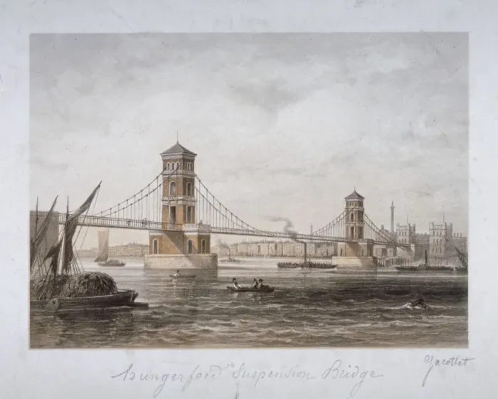 Framed Print : View of Hungerford Suspension Bridge and boats on the River Thames, London, 1854 Framed Print : View of Hungerford Suspension Bridge and boats on the River Thames, London, 1854