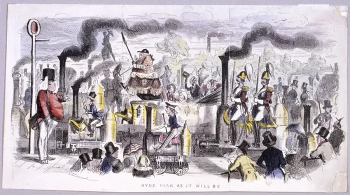Framed Print : View of Hyde Park that satirises the advent of the steam locomotive, London, c1850 Framed Print : View of Hyde Park that satirises the advent of the steam locomotive, London, c1850