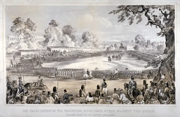 Framed Print : View of Hyde Park during the Volunteer Rifle Corps review by Queen Victoria, London, 1860 Framed Print : View of Hyde Park during the Volunteer Rifle Corps review by Queen Victoria, London, 1860