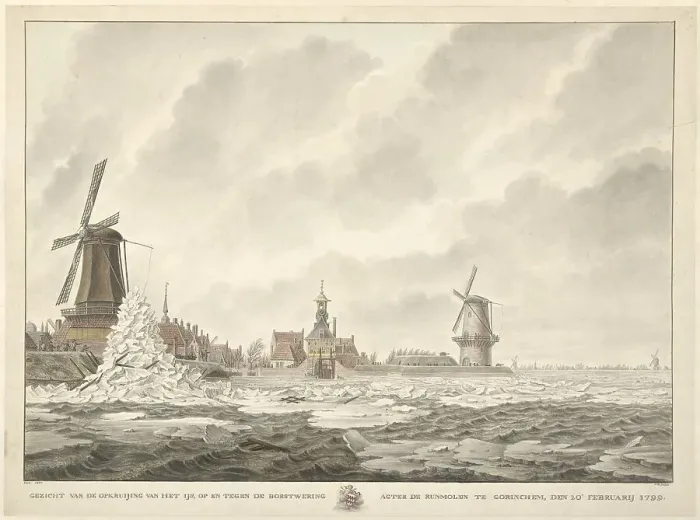 Framed Print : View of the ice, piling up on and against the parapet behind the Runmolen...1799, (1807). Creator: Cornelis de Jonker Framed Print : View of the ice, piling up on and against the parapet behind the Runmolen...1799, (1807). Creator: Cornelis de Jonker