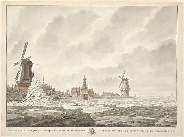 View of the ice, piling up on and against the parapet behind the Runmolen...1799, (1807). Creator: Cornelis de Jonker