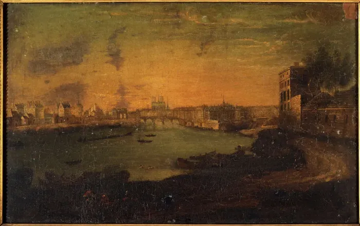 Framed Print : View of ile Saint-Louis and ile de la Cite, from the tip of Arsenal, c1750. Creator: Le Roux Framed Print : View of ile Saint-Louis and ile de la Cite, from the tip of Arsenal, c1750. Creator: Le Roux