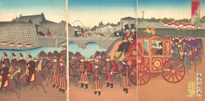 Framed Print : View of the Imperial Carriage, 1889 (Meiji 22). 1889. Creator: Kunitoshi Framed Print : View of the Imperial Carriage, 1889 (Meiji 22). 1889. Creator: Kunitoshi