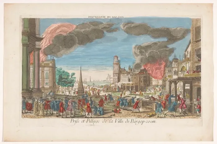 Framed Print : View of the intake and looting of Bergen op Zoom by the French in 1747, 1747-1799. Creator: Anon Framed Print : View of the intake and looting of Bergen op Zoom by the French in 1747, 1747-1799. Creator: Anon