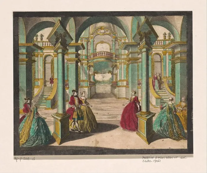 Framed Print : View of the interior of a palace, with several richly dressed ladies and gentlemen, 1684-1756. Creator: Martin Engelbrecht Framed Print : View of the interior of a palace, with several richly dressed ladies and gentlemen, 1684-1756. Creator: Martin Engelbrecht