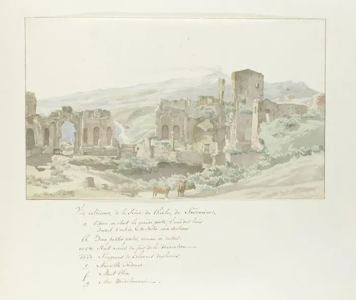 Framed Print : View of interior and stage at Taormina theatre, 1778. Creator: Louis Ducros Framed Print : View of interior and stage at Taormina theatre, 1778. Creator: Louis Ducros