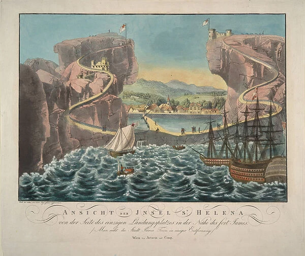 View of the Island of St. Helena from the side of the landing place near the Fort James, 1815. Artist: Anonymous